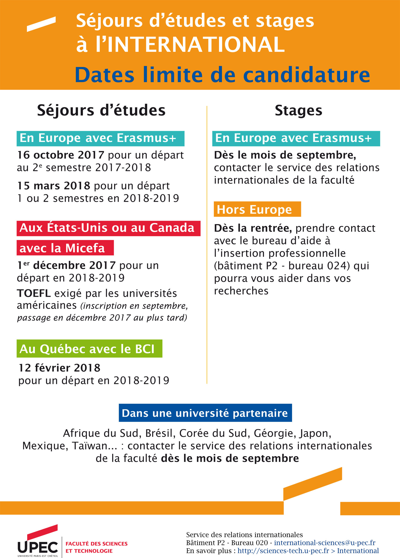 Sejours D Etudes Et Stages A L International Dates Limites De Candidature Sciences Et Technologie