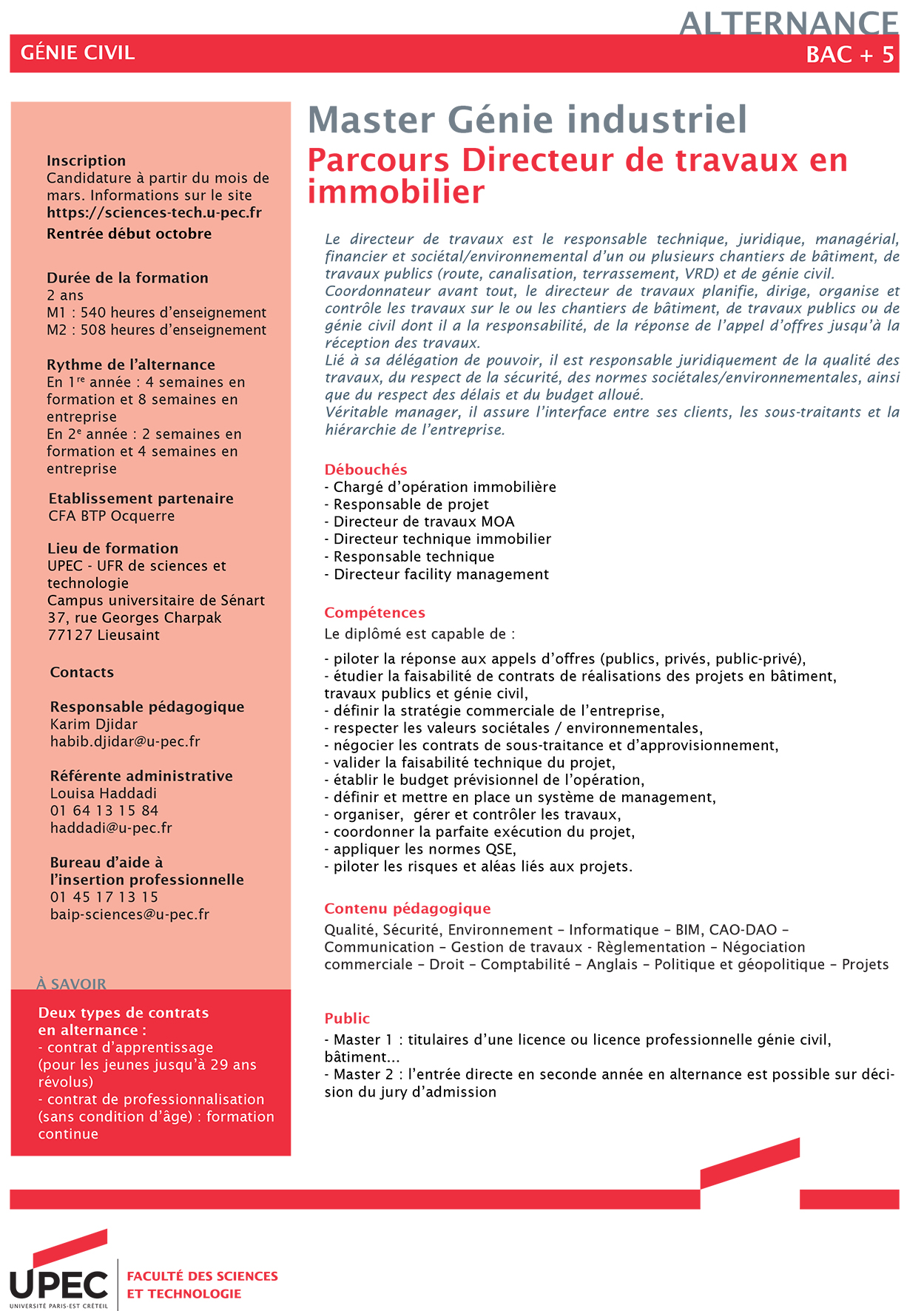 Fiche M1 et M2 Directeur de travaux immobiliers FST UPEC