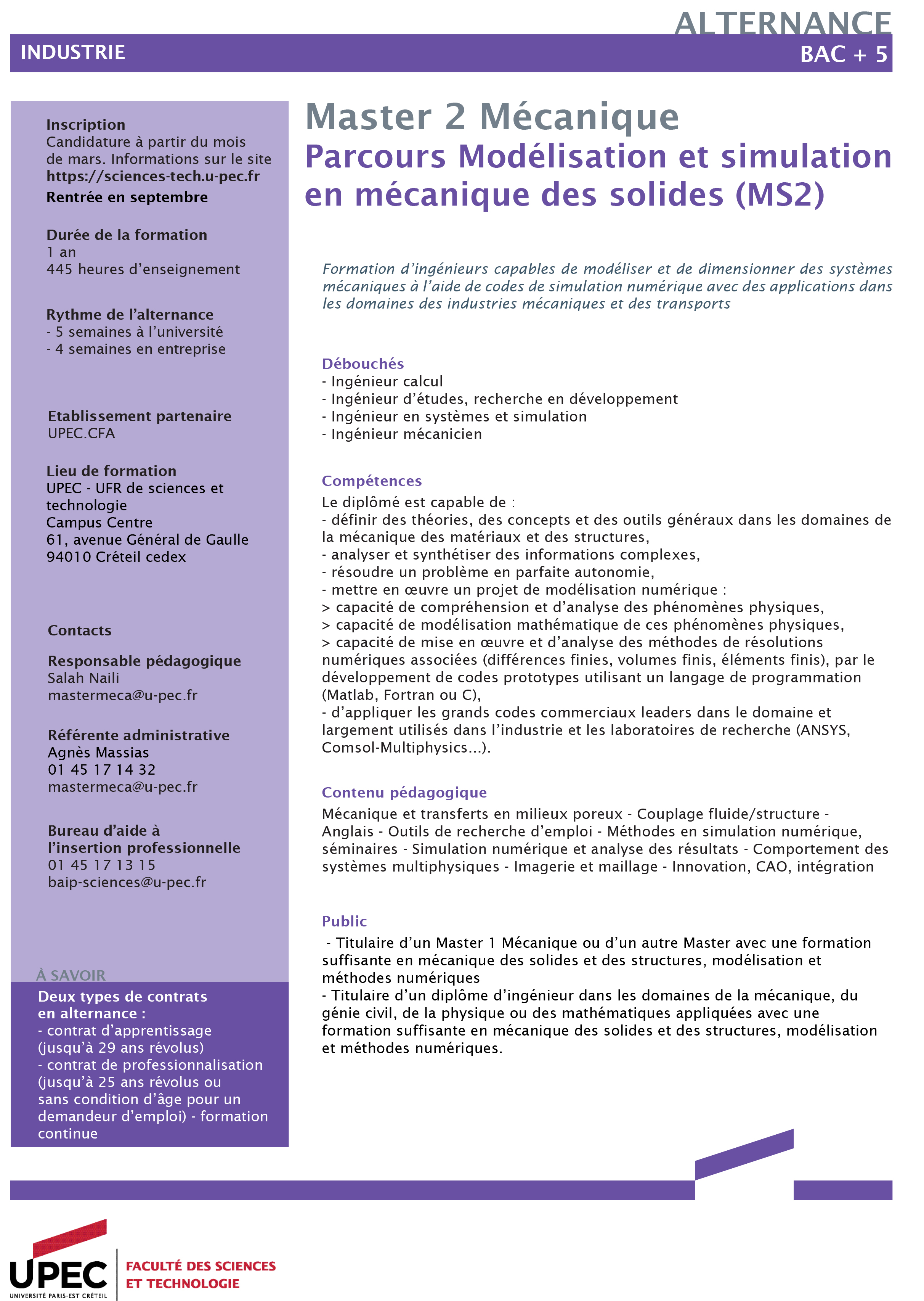 Fiche M2 Mécanique MS2 FA FST UPEC